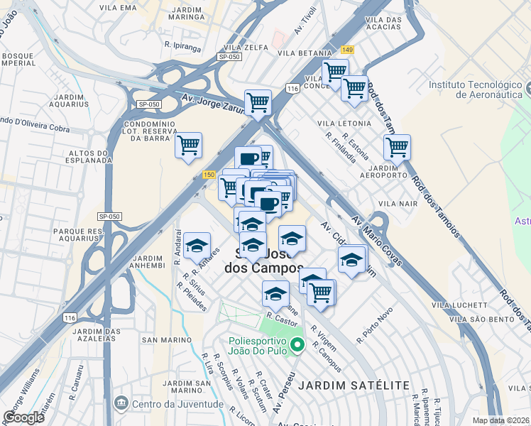 map of restaurants, bars, coffee shops, grocery stores, and more near 9403 Avenida Deputado Benedito Matarazzo in São José dos Campos