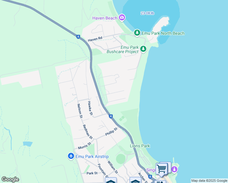 map of restaurants, bars, coffee shops, grocery stores, and more near 25 Oak Street in Emu Park