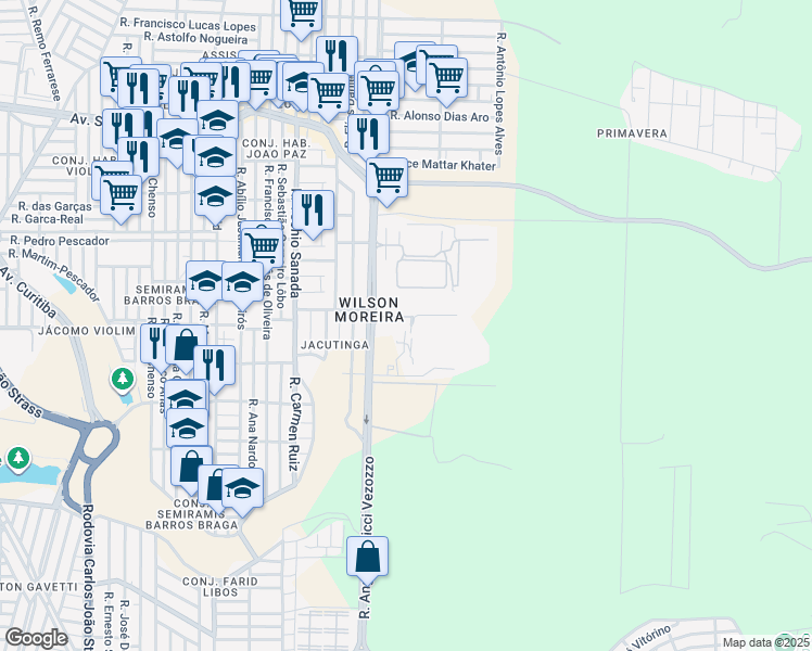 map of restaurants, bars, coffee shops, grocery stores, and more near 3400 Rua Angelina Ricci Vezozzo in Londrina