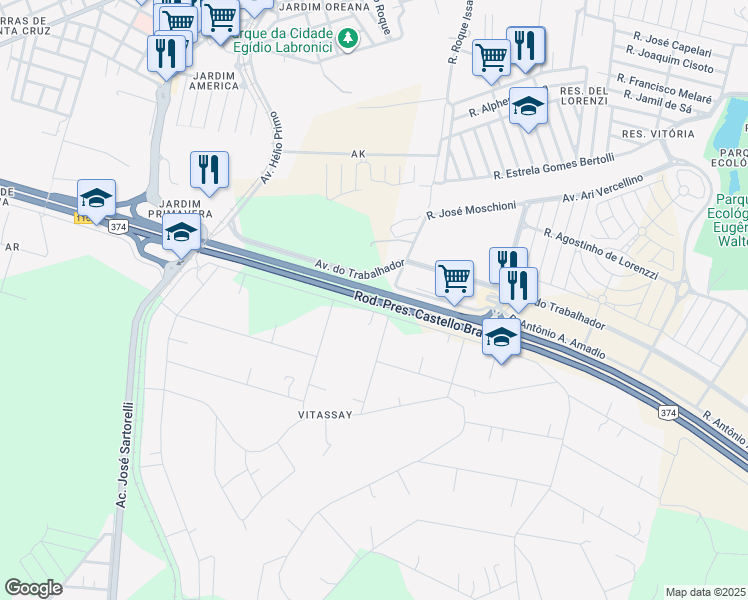 map of restaurants, bars, coffee shops, grocery stores, and more near Rodovia Presidente Castello Branco in Boituva