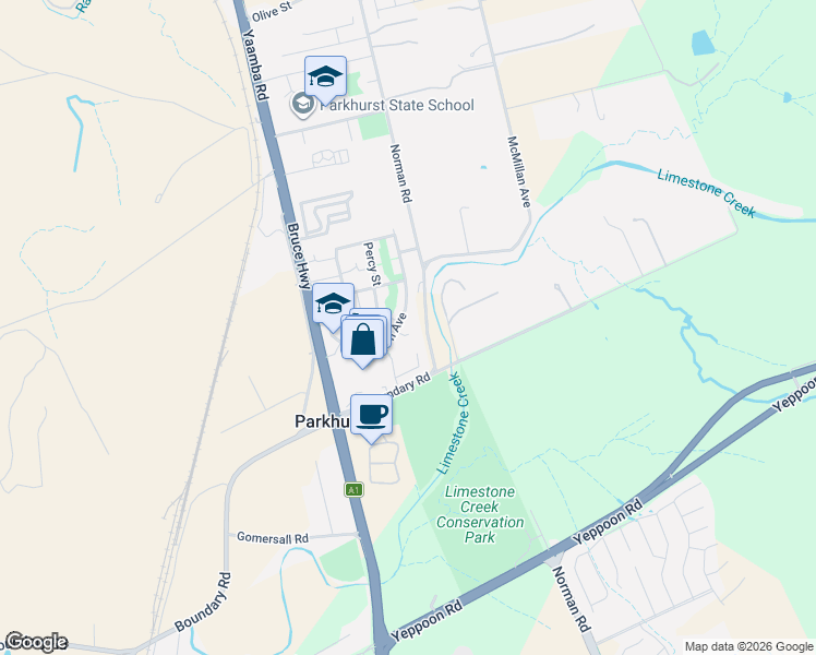 map of restaurants, bars, coffee shops, grocery stores, and more near 3 Judy Court in Parkhurst