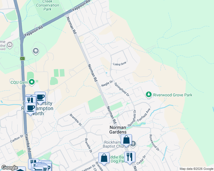 map of restaurants, bars, coffee shops, grocery stores, and more near 10 Nagle Drive in Norman Gardens