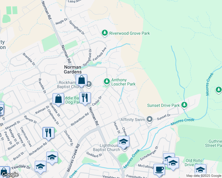 map of restaurants, bars, coffee shops, grocery stores, and more near 45 Rosewood Drive in Norman Gardens