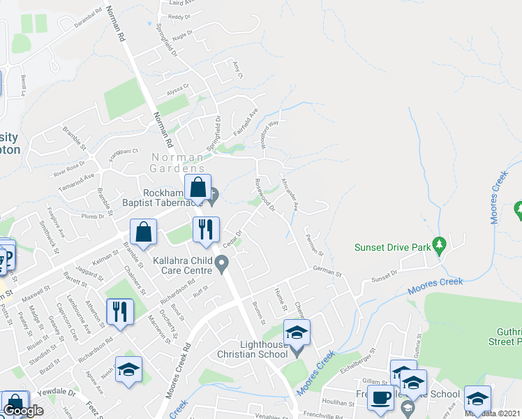 map of restaurants, bars, coffee shops, grocery stores, and more near 24 Cedar Drive in Norman Gardens