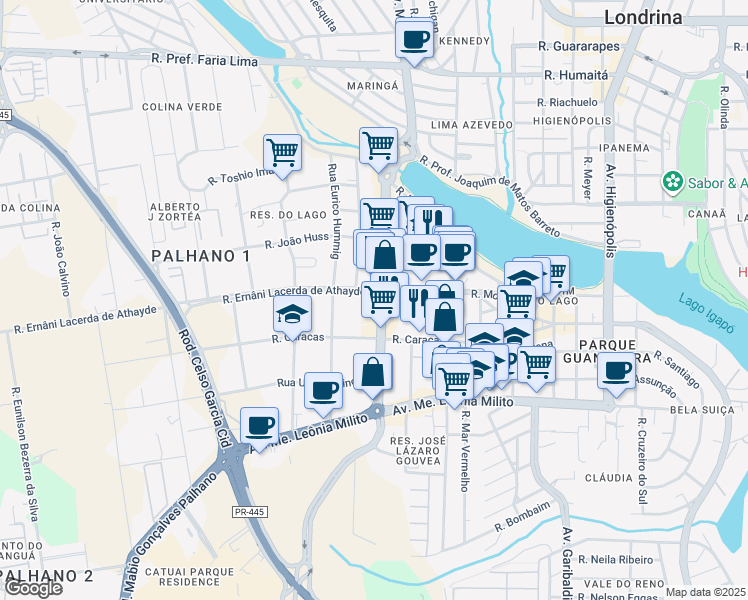 map of restaurants, bars, coffee shops, grocery stores, and more near 650 Avenida Ayrton Senna da Silva in Londrina