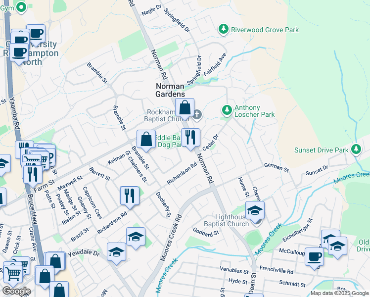 map of restaurants, bars, coffee shops, grocery stores, and more near 3 Kingfisher Parade in Norman Gardens