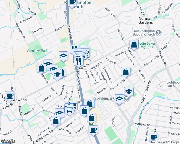 map of restaurants, bars, coffee shops, grocery stores, and more near 21 Peatey Street in Norman Gardens