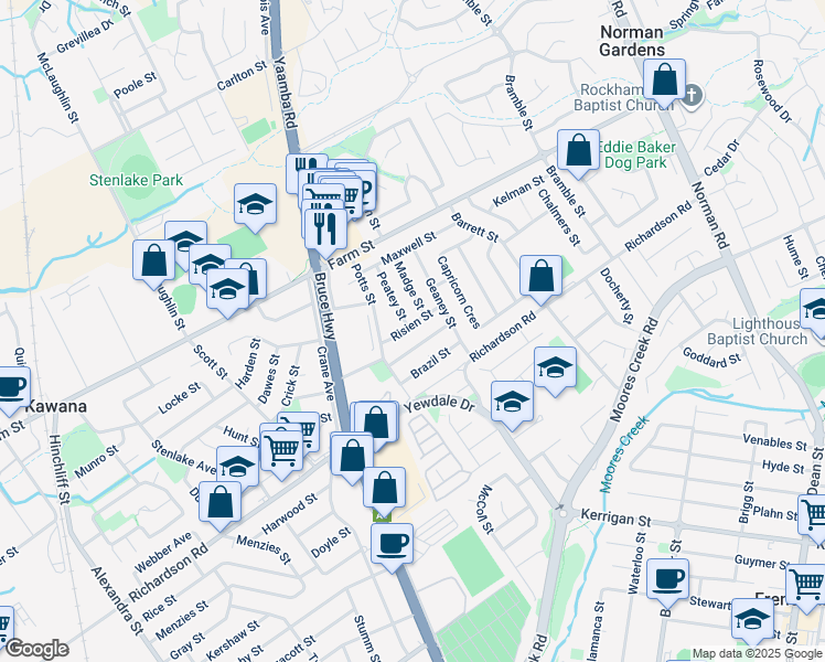map of restaurants, bars, coffee shops, grocery stores, and more near 14 Risien Street in Norman Gardens