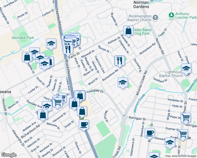 map of restaurants, bars, coffee shops, grocery stores, and more near 24 Brazil Street in Norman Gardens