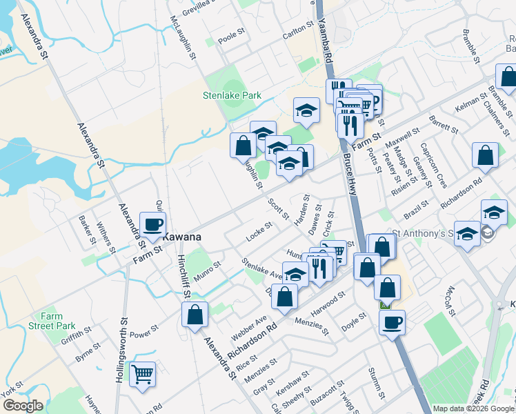 map of restaurants, bars, coffee shops, grocery stores, and more near 232 Farm Street in Kawana