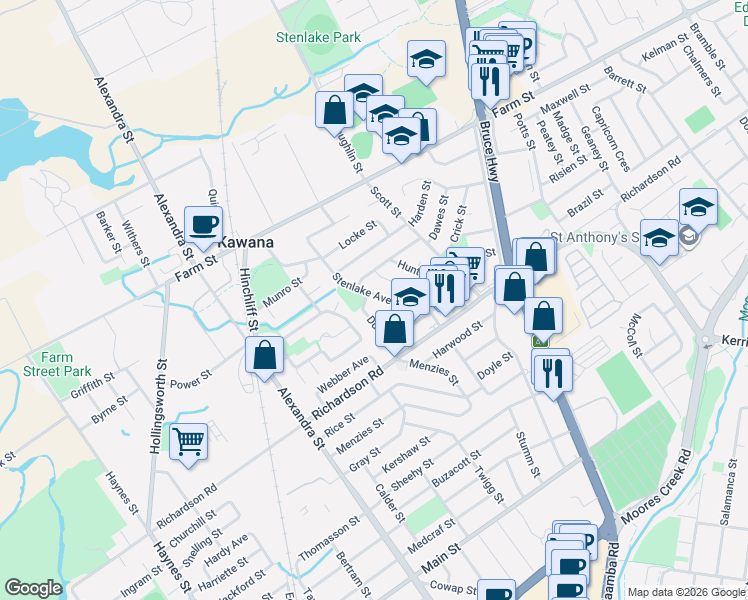 map of restaurants, bars, coffee shops, grocery stores, and more near 82 Stenlake Avenue in Kawana