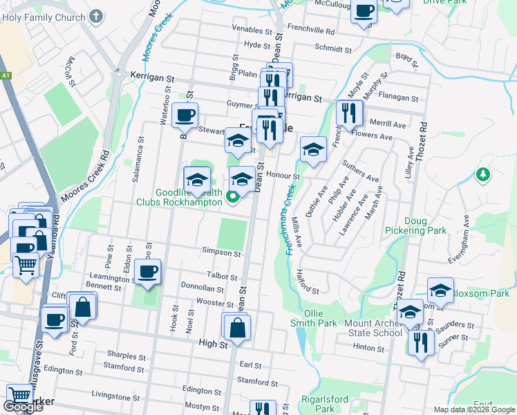 map of restaurants, bars, coffee shops, grocery stores, and more near 332 Dean Street in Frenchville