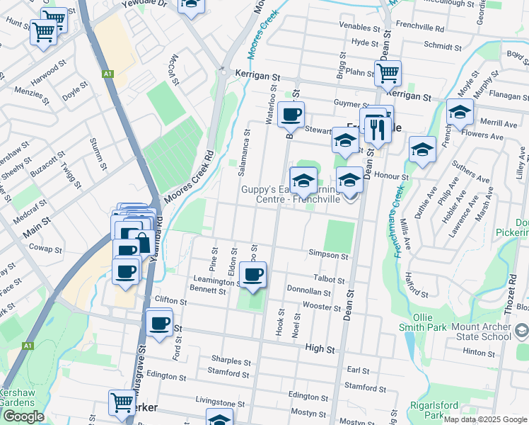 map of restaurants, bars, coffee shops, grocery stores, and more near 114 Robinson Street in Frenchville