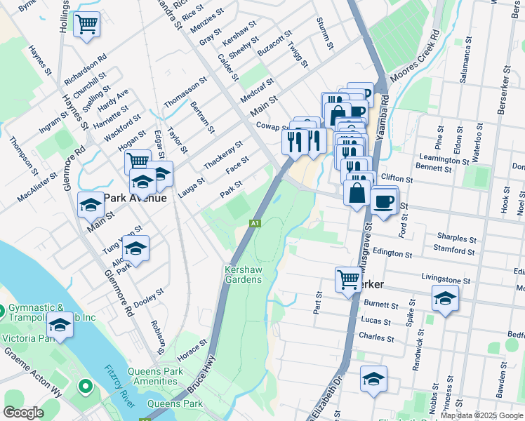 map of restaurants, bars, coffee shops, grocery stores, and more near Moores Creek Road in Park Avenue