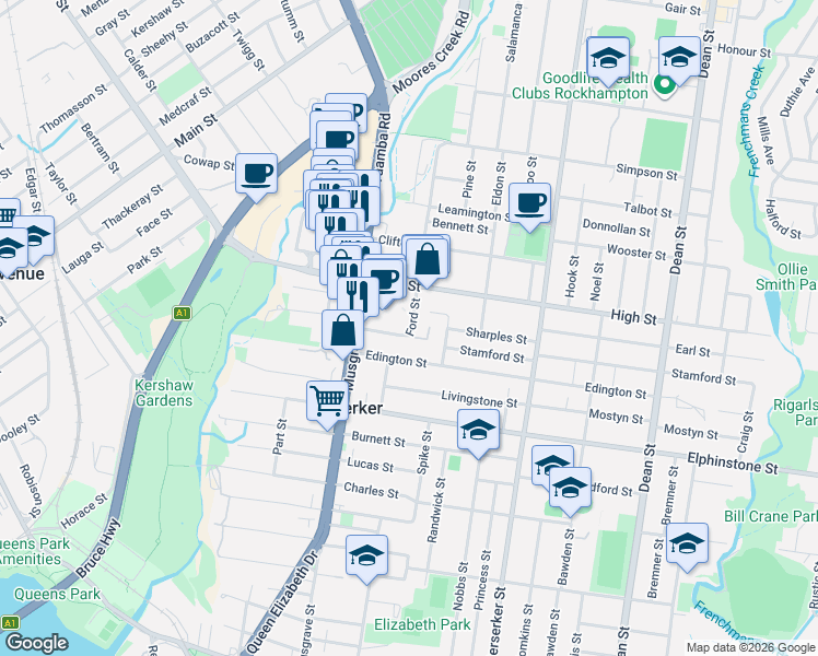 map of restaurants, bars, coffee shops, grocery stores, and more near 71 Richmond Street in Berserker