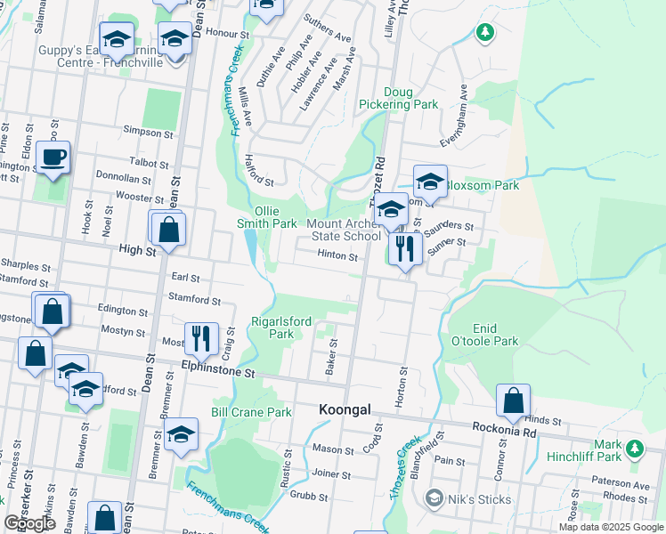 map of restaurants, bars, coffee shops, grocery stores, and more near 12 Kavanagh Crescent in Koongal