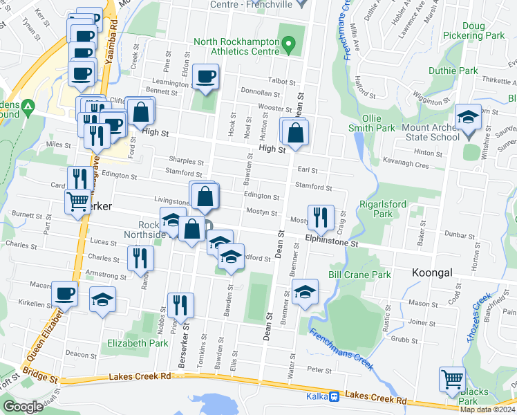 map of restaurants, bars, coffee shops, grocery stores, and more near 155 Mostyn Street in Berserker