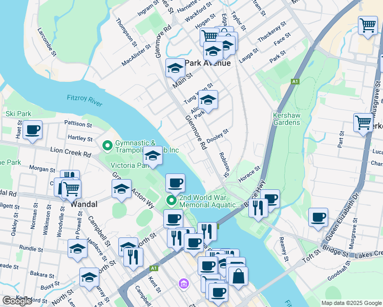 map of restaurants, bars, coffee shops, grocery stores, and more near 63 Glenmore Road in Park Avenue