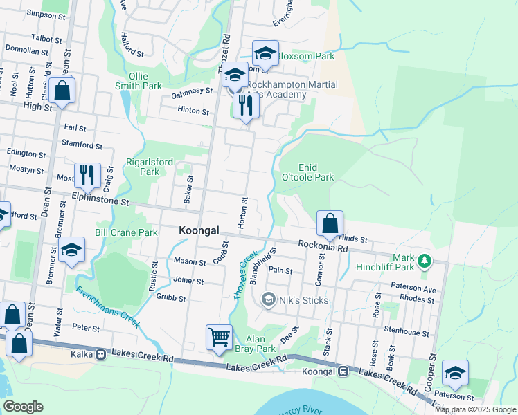 map of restaurants, bars, coffee shops, grocery stores, and more near 307 Kime Street in Koongal
