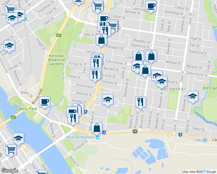 map of restaurants, bars, coffee shops, grocery stores, and more near 67 Armstrong Street in Berserker