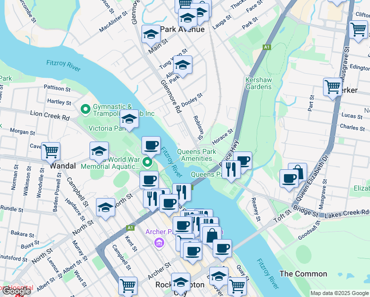 map of restaurants, bars, coffee shops, grocery stores, and more near 63 Glenmore Road in Park Avenue