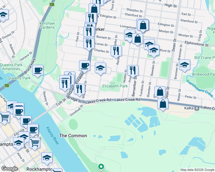 map of restaurants, bars, coffee shops, grocery stores, and more near 85 Foster Street in Berserker