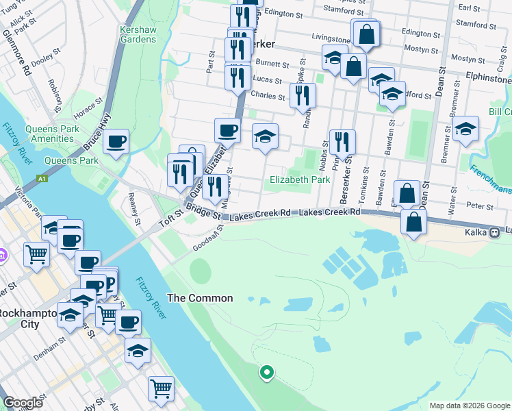 map of restaurants, bars, coffee shops, grocery stores, and more near 7 Edward Street in Berserker