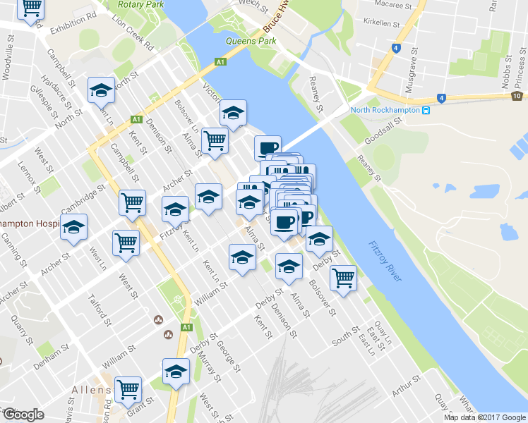 map of restaurants, bars, coffee shops, grocery stores, and more near 174 Bolsover Street in Rockhampton