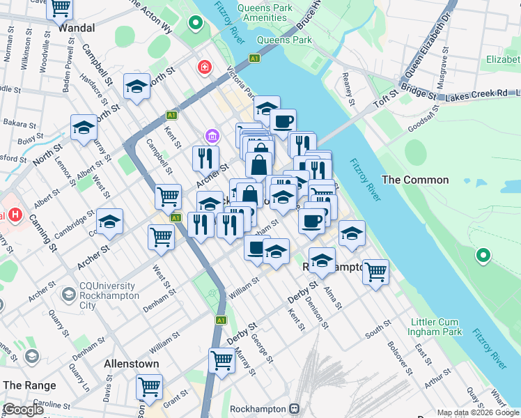 map of restaurants, bars, coffee shops, grocery stores, and more near in Rockhampton