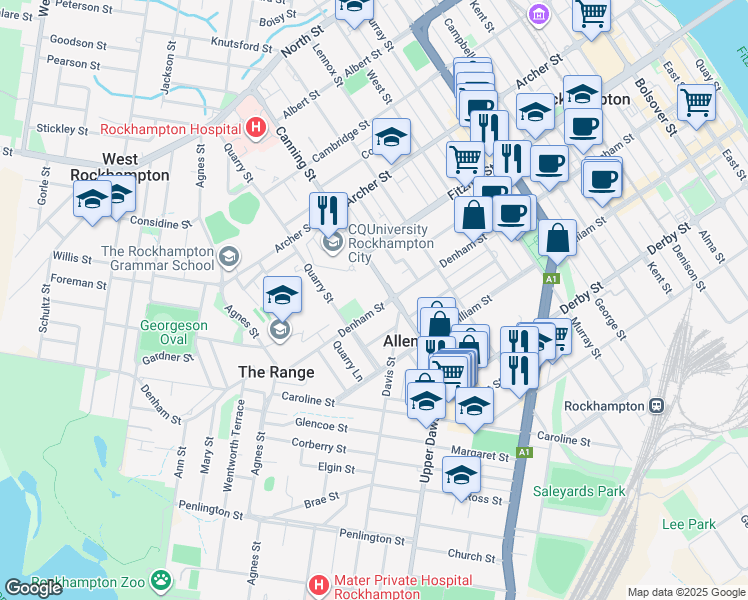 map of restaurants, bars, coffee shops, grocery stores, and more near 210 Denham Street in The Range