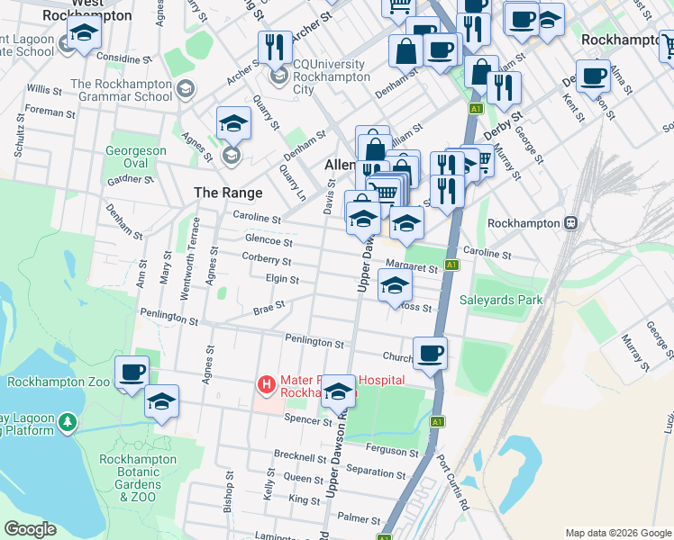 map of restaurants, bars, coffee shops, grocery stores, and more near 74 Larnach Street in Allenstown