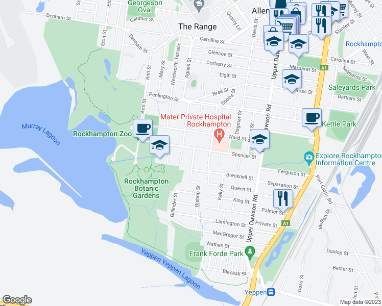 map of restaurants, bars, coffee shops, grocery stores, and more near 2 Bishop Street in The Range