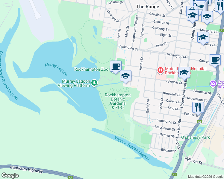 map of restaurants, bars, coffee shops, grocery stores, and more near 100 Spencer Street in West Rockhampton