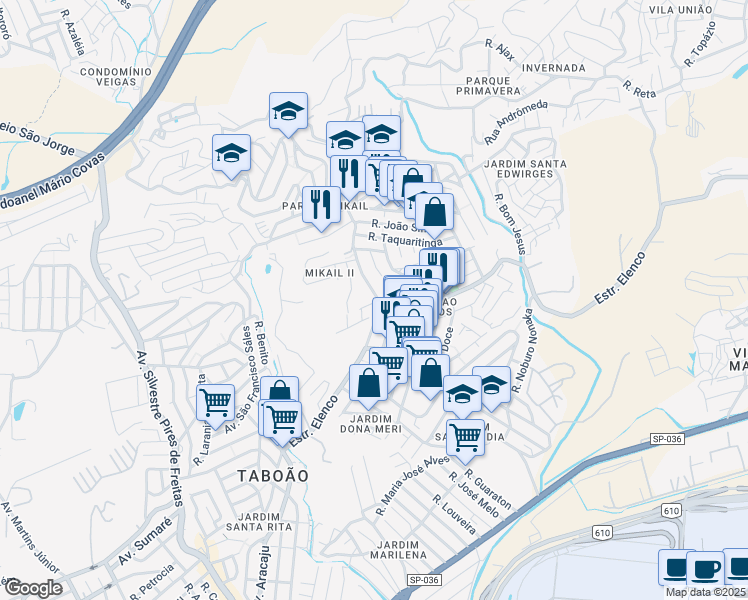 map of restaurants, bars, coffee shops, grocery stores, and more near 253 Estrada Municipal in Guarulhos