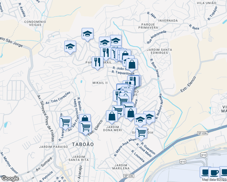 map of restaurants, bars, coffee shops, grocery stores, and more near 253 Estrada Municipal in Guarulhos