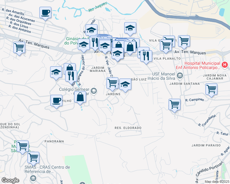 map of restaurants, bars, coffee shops, grocery stores, and more near 109 Rua Osvaldo Vallejo in Cajamar