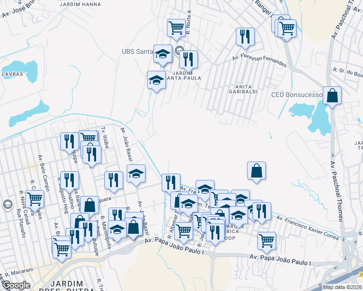 map of restaurants, bars, coffee shops, grocery stores, and more near 1657 Avenida O1 in Guarulhos