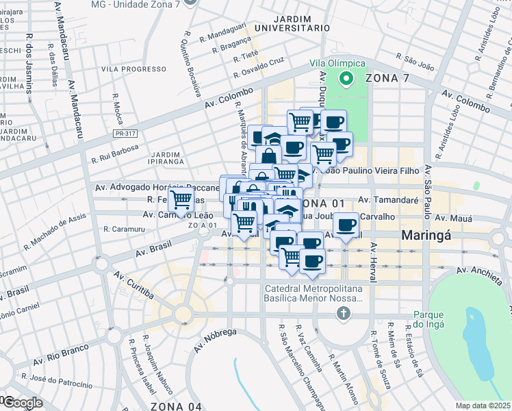 map of restaurants, bars, coffee shops, grocery stores, and more near 891 Avenida Paraná in Maringá