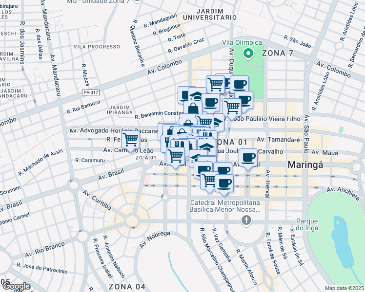 map of restaurants, bars, coffee shops, grocery stores, and more near 891 Avenida Paraná in Maringá