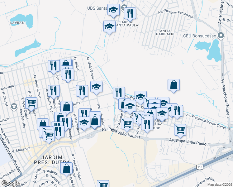 map of restaurants, bars, coffee shops, grocery stores, and more near 1657 Avenida O1 in Guarulhos