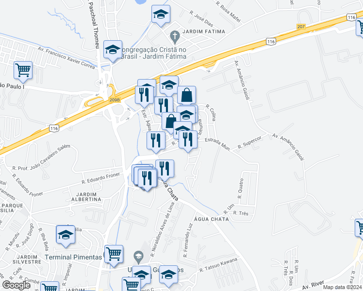 map of restaurants, bars, coffee shops, grocery stores, and more near 253 Estrada Municipal in Guarulhos