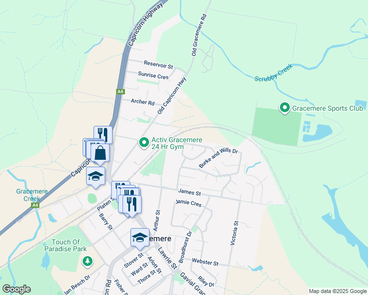 map of restaurants, bars, coffee shops, grocery stores, and more near 23 Leichhardt Drive in Gracemere