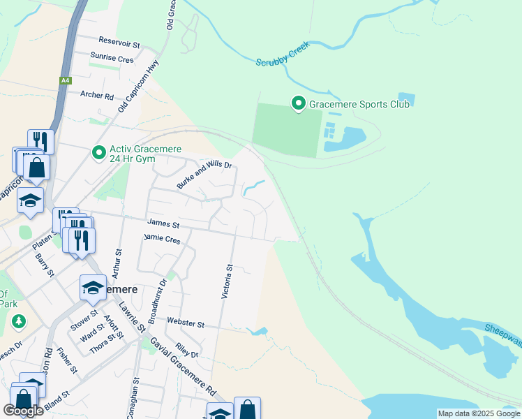 map of restaurants, bars, coffee shops, grocery stores, and more near 17 Viney Street in Gracemere
