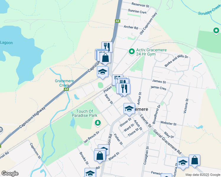 map of restaurants, bars, coffee shops, grocery stores, and more near 11 Platen Street in Gracemere