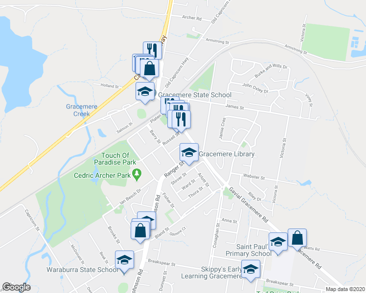map of restaurants, bars, coffee shops, grocery stores, and more near 14A Sydney King Close in Gracemere