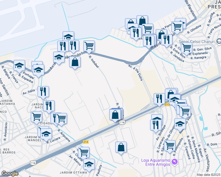 map of restaurants, bars, coffee shops, grocery stores, and more near Rua Indubel in Guarulhos