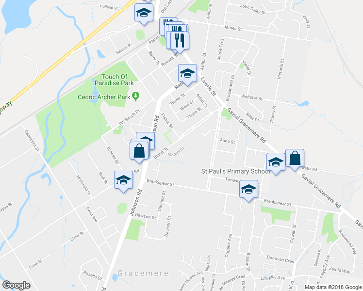 map of restaurants, bars, coffee shops, grocery stores, and more near 13 Gilmore Court in Gracemere