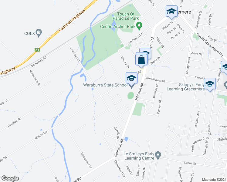 map of restaurants, bars, coffee shops, grocery stores, and more near 53 Middle Road in Gracemere