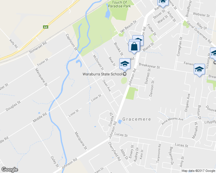 map of restaurants, bars, coffee shops, grocery stores, and more near 17 Owen Avenue in Gracemere