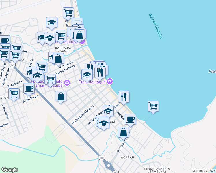 map of restaurants, bars, coffee shops, grocery stores, and more near 216 Avenida Leovegildo Dias Vieira in Ubatuba